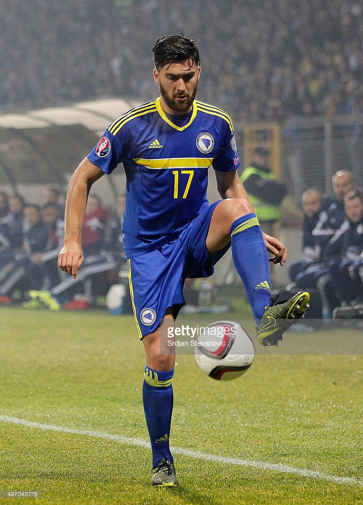 ZENICA, BOSNIA AND HERZEGOVINA - NOVEMBER 13. Ervin Zukanovic of Bosnia in action during the EURO 2016 Qualifier Play-Off First Leg match at Bilino Polje Stadium on November 13, 2015 in Zenica, Bosnia and Herzegovina. (Photo by Srdjan Stevanovic/Getty Images)