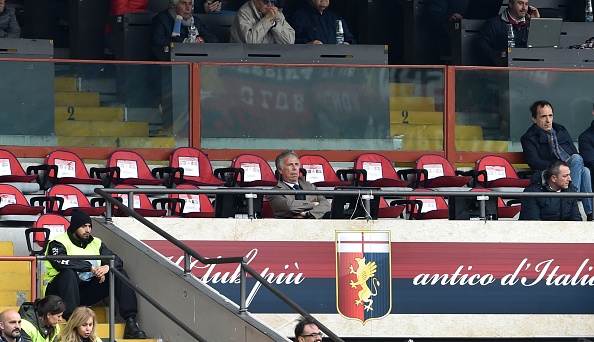 GENOA, ITALY - APRIL 02:  Genoa President Enrico Preziosi in tribune during the Serie A match between Genoa CFC and Atalanta BC at Stadio Luigi Ferraris on April 2, 2017 in Genoa, Italy.  