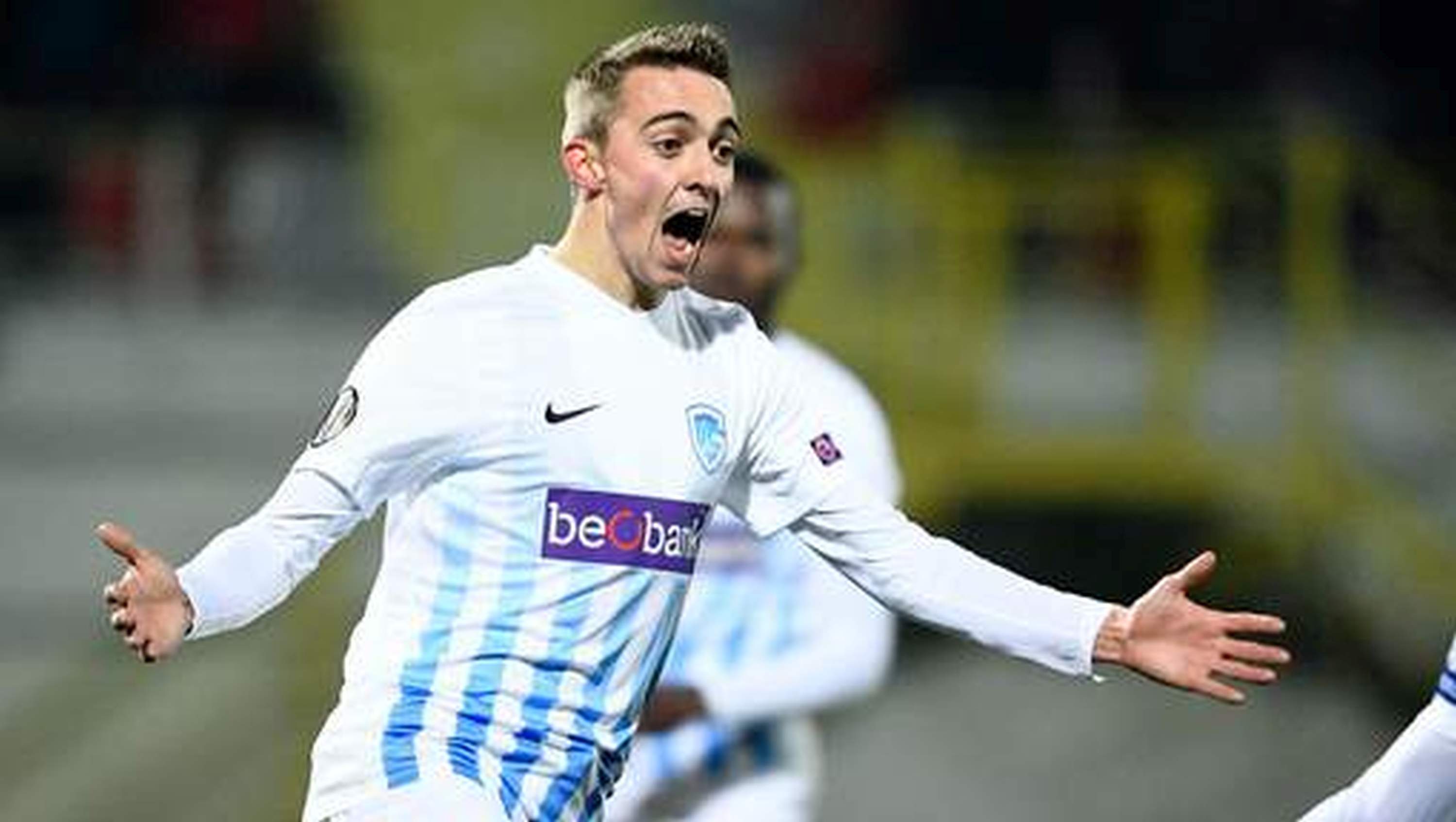 Genk's Timothy Castagne celebrates after scoring during a first leg game between Romanian Club Astra Giurgiu and Belgian soccer team RC Genk in the 1/16 finals of the Europa League competition on Thursday 16 February 2017, in Giurgiu, Romania. BELGA PHOTO YORICK JANSENS