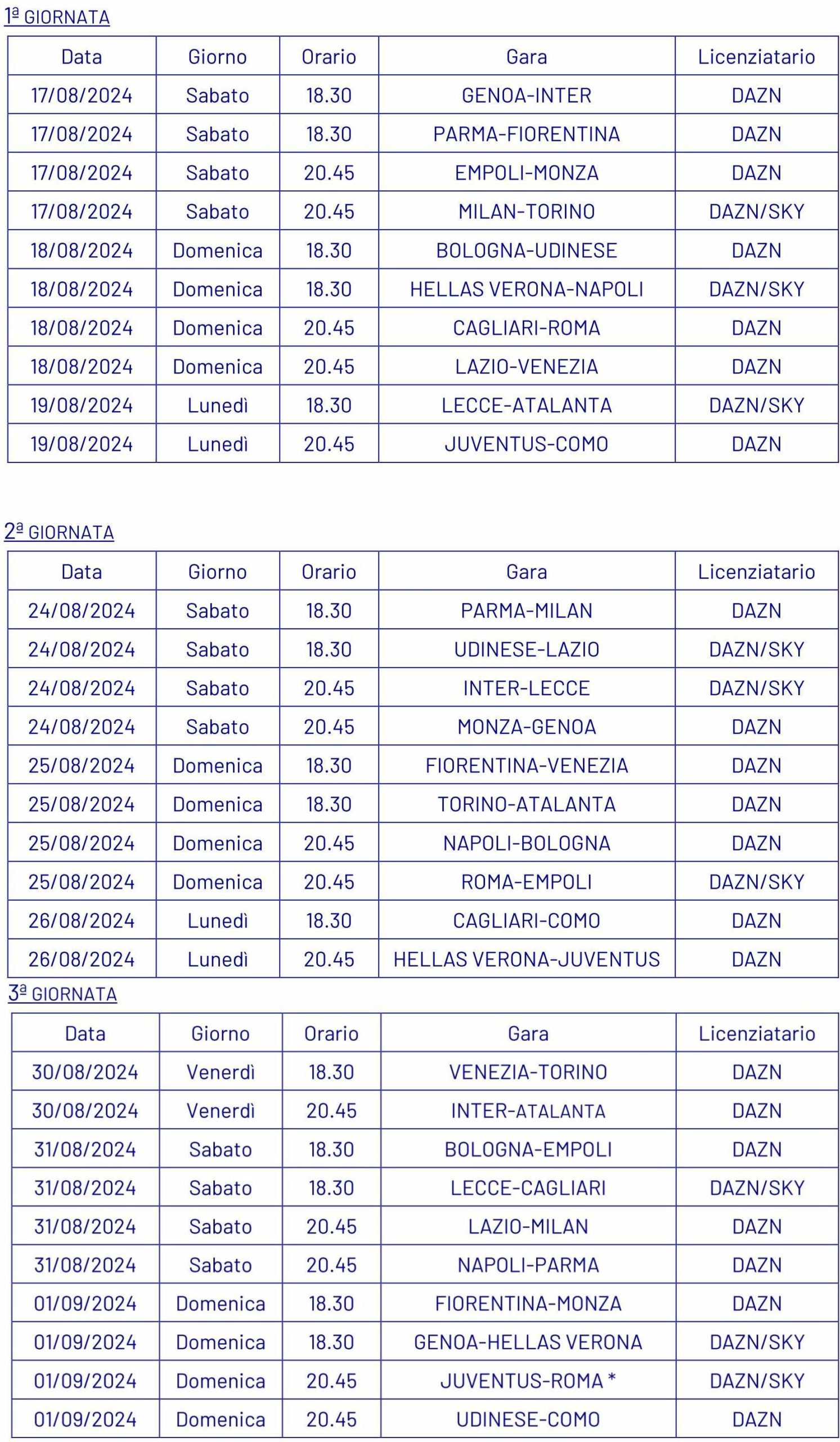 Anticipi e posticipi delle prime 3 giornate del prossimo campionato di A